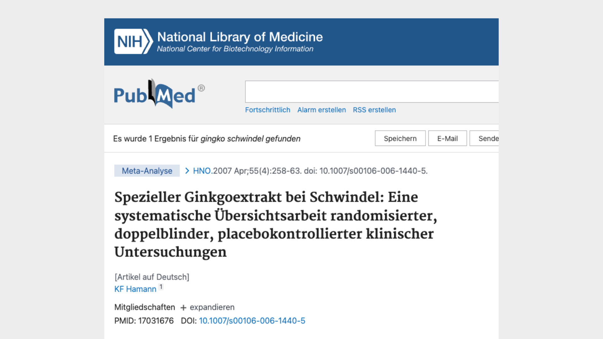 Screenshot of a PubMed search result page in German.