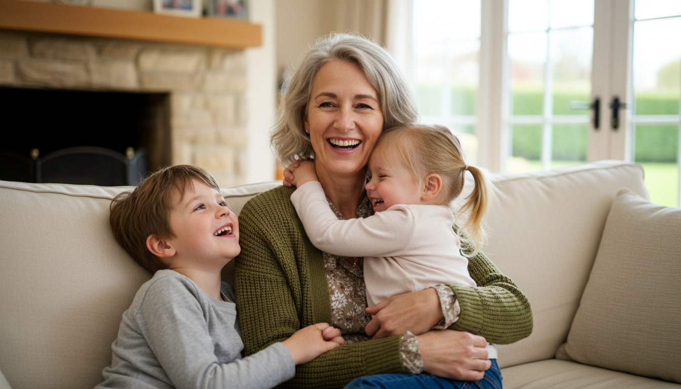 A smiling grandmother sits on a couch, hugging her two young grandchildren who are laughing.