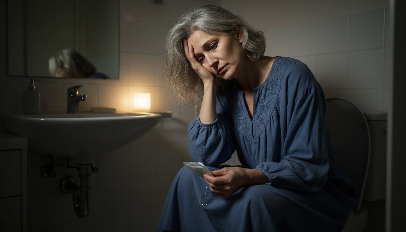 A distressed-looking woman in a blue gown sits on a toilet in a dimly lit bathroom.