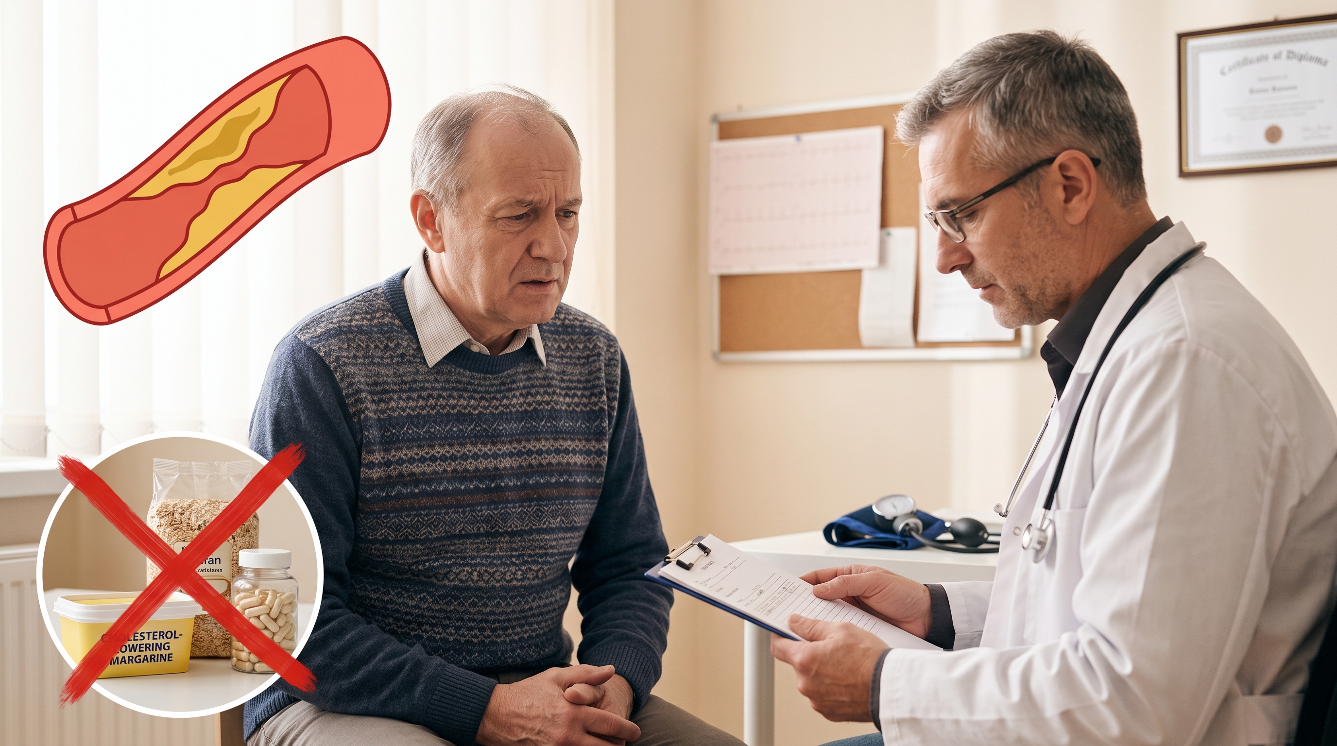A concerned older man talks to a doctor, with graphics of a clogged artery and crossed-out foods.
