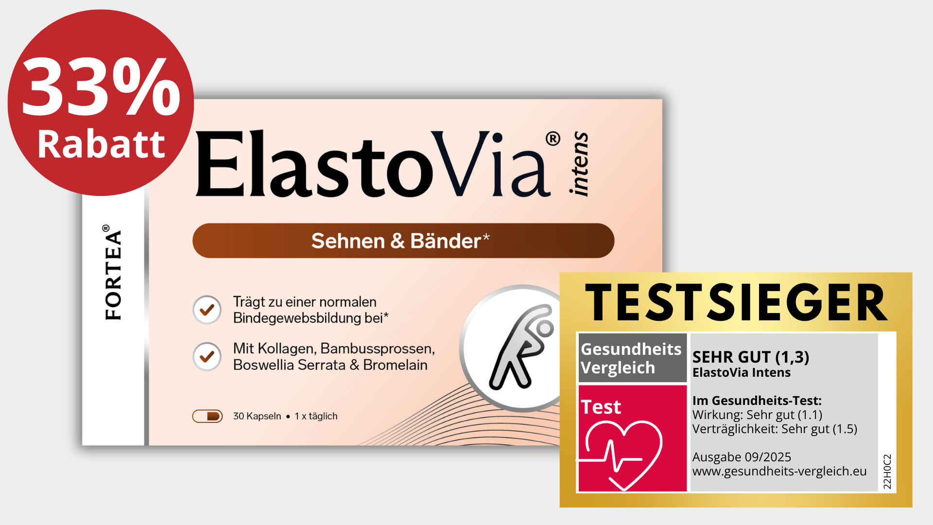 ElastoVia Intens packaging with discount label and testsieger badge.