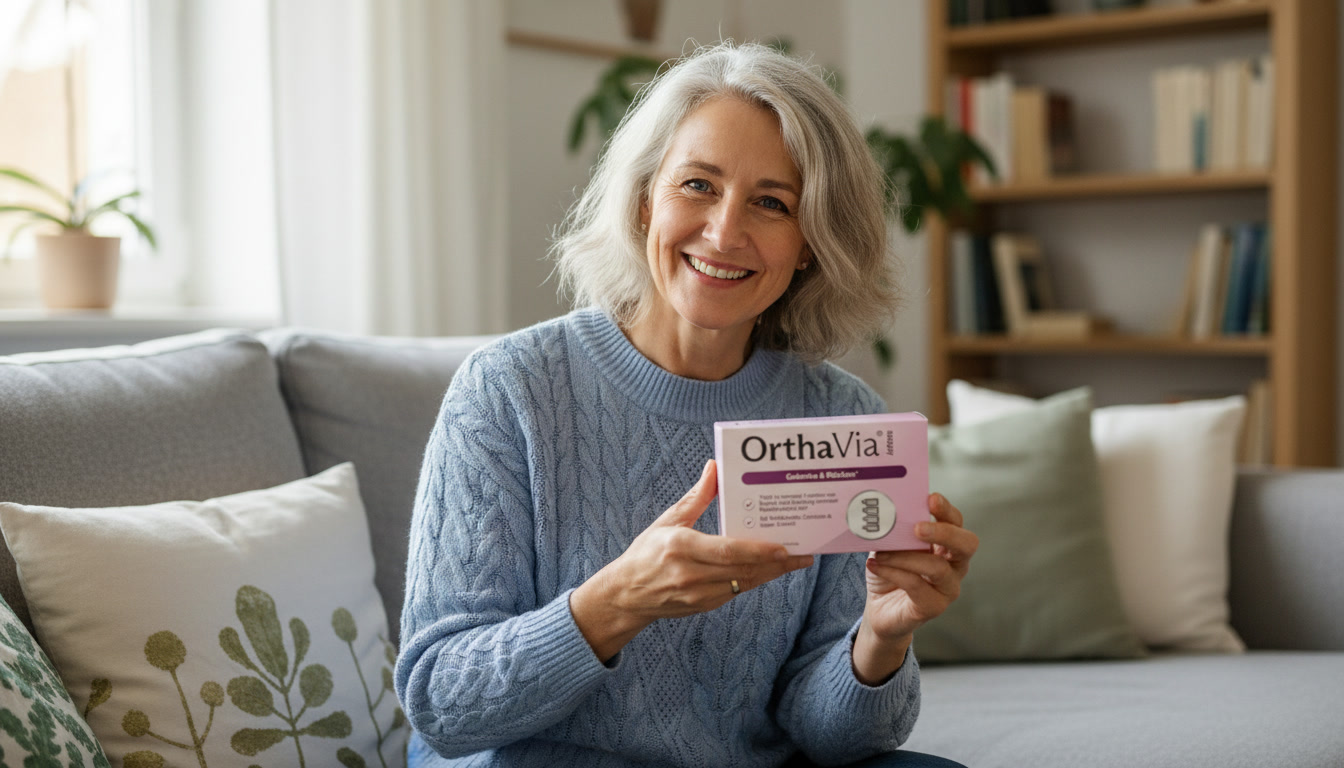 A smiling woman with gray hair sits on a sofa, holding a pink box of OrthaVia.