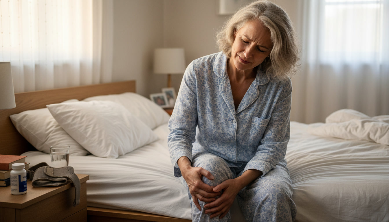 A woman in pajamas sits on a bed, holding her knee with a pained expression.