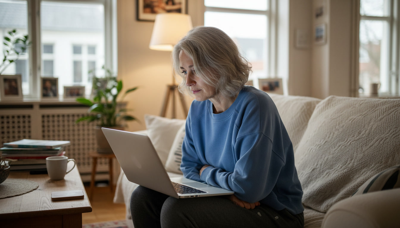 A gray-haired woman in a blue sweatshirt sits on a couch looking at a laptop.