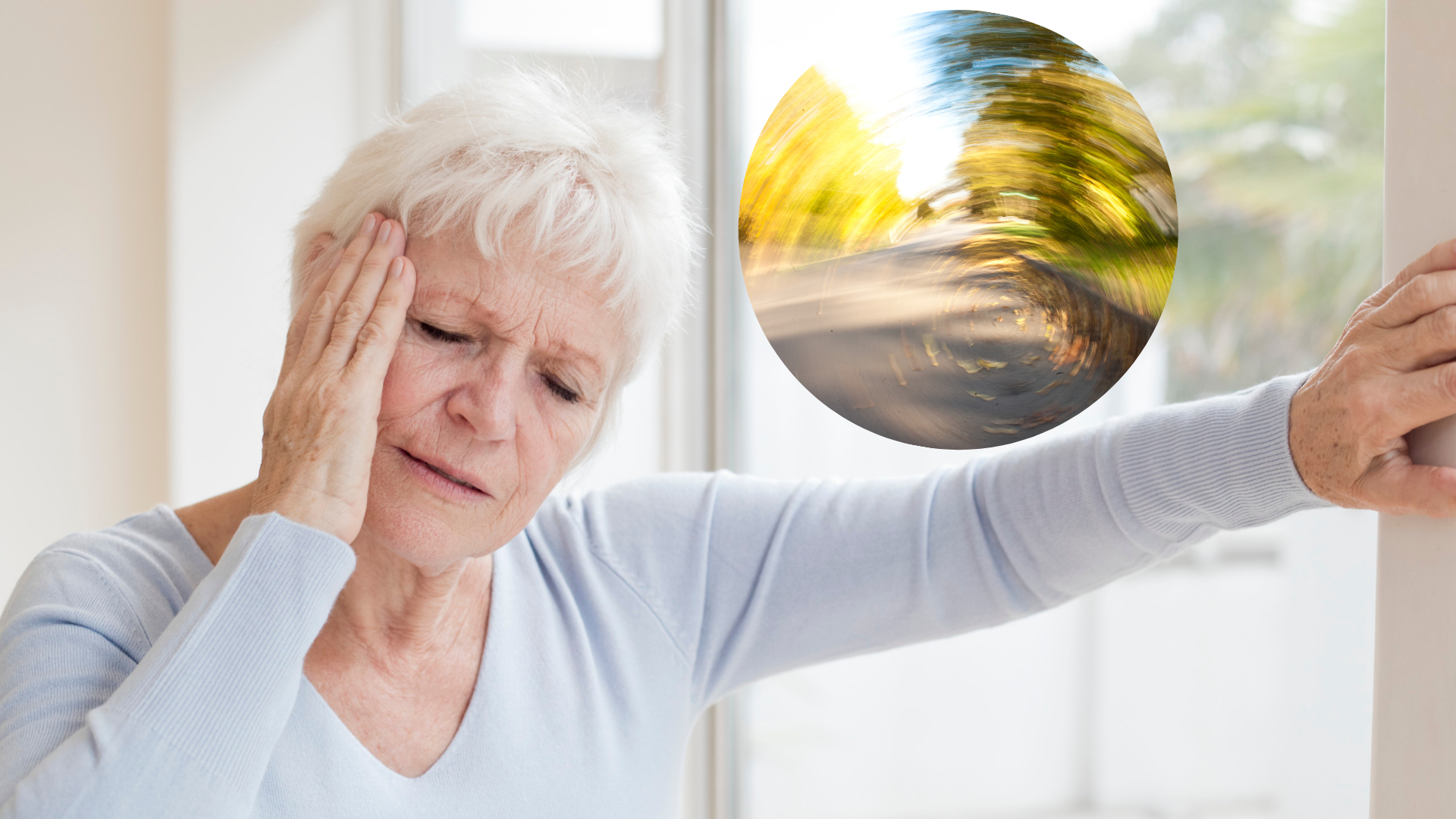 Person holding head, looking distressed, with spinning blurred circle inset.