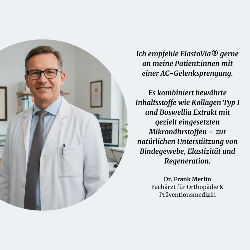 Doctor in white coat with text about ElastoVia recommendation and benefits.