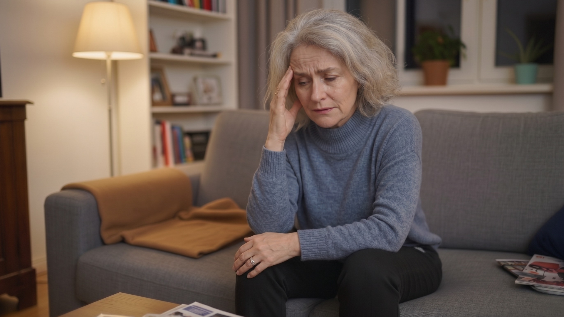 A woman with gray hair sits on a sofa with her hands on her head, looking distressed.