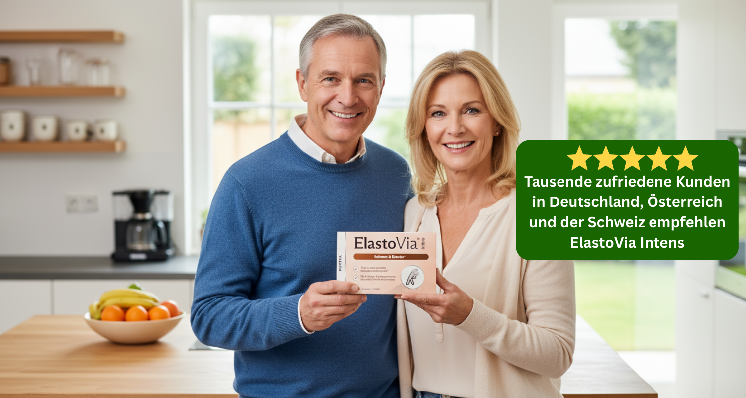 A smiling couple stands in a kitchen holding a box of ElastoVia Intens.