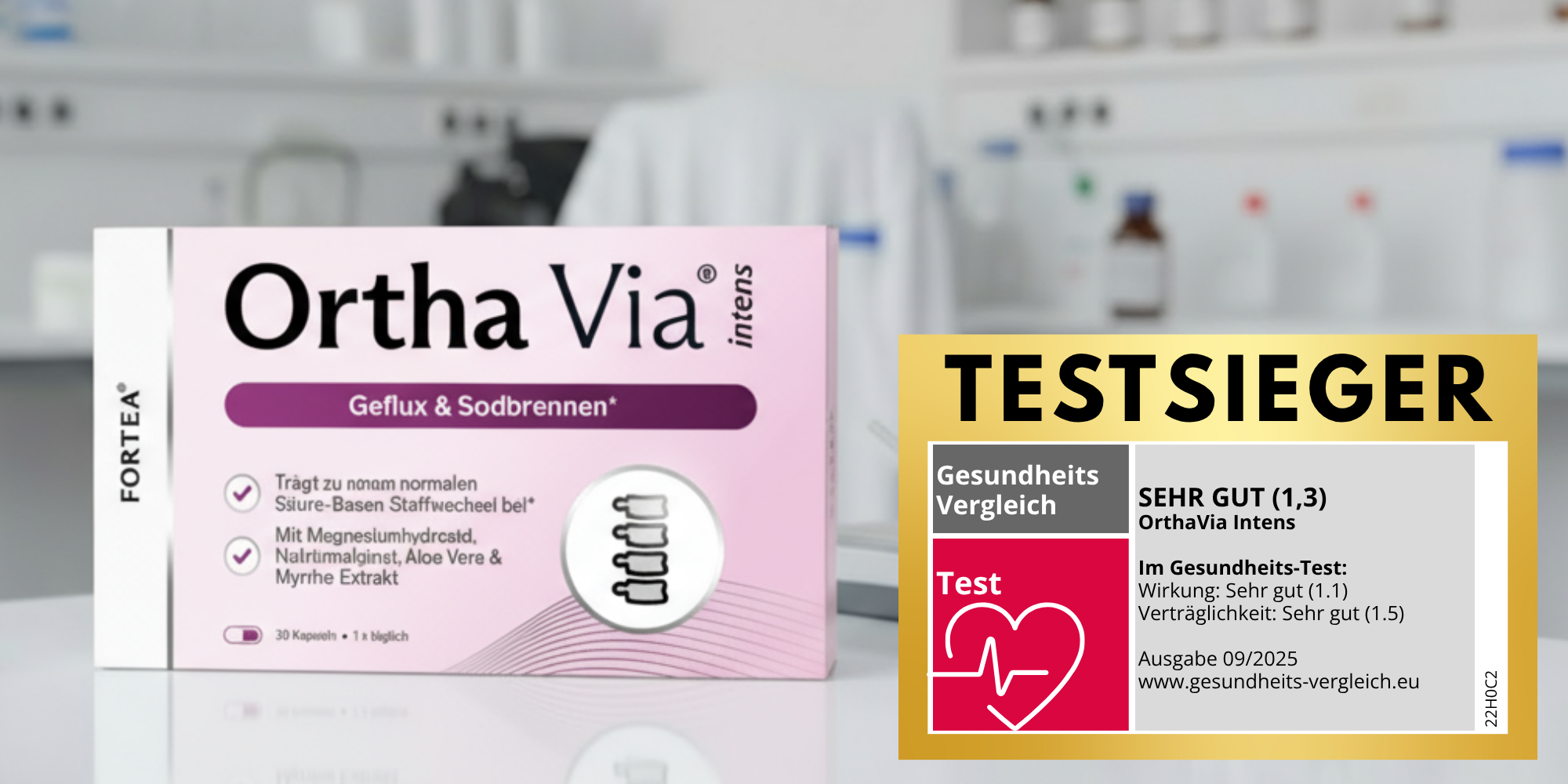 Box of Ortha Via Intens with test winner label on a laboratory background.