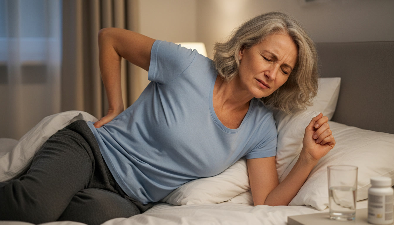 A grey-haired woman in bed winces in pain while holding her lower back.