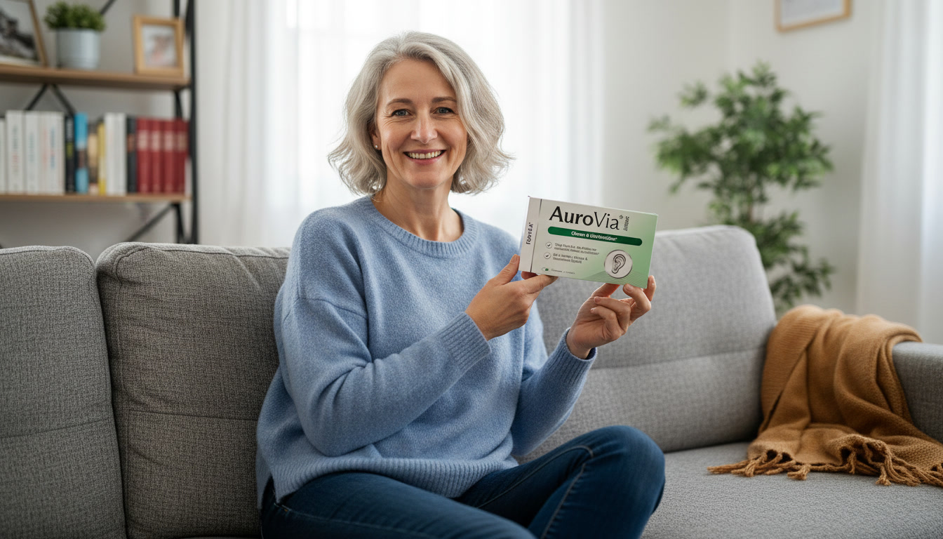 A smiling woman with grey hair sits on a couch, holding a box for an ear product.