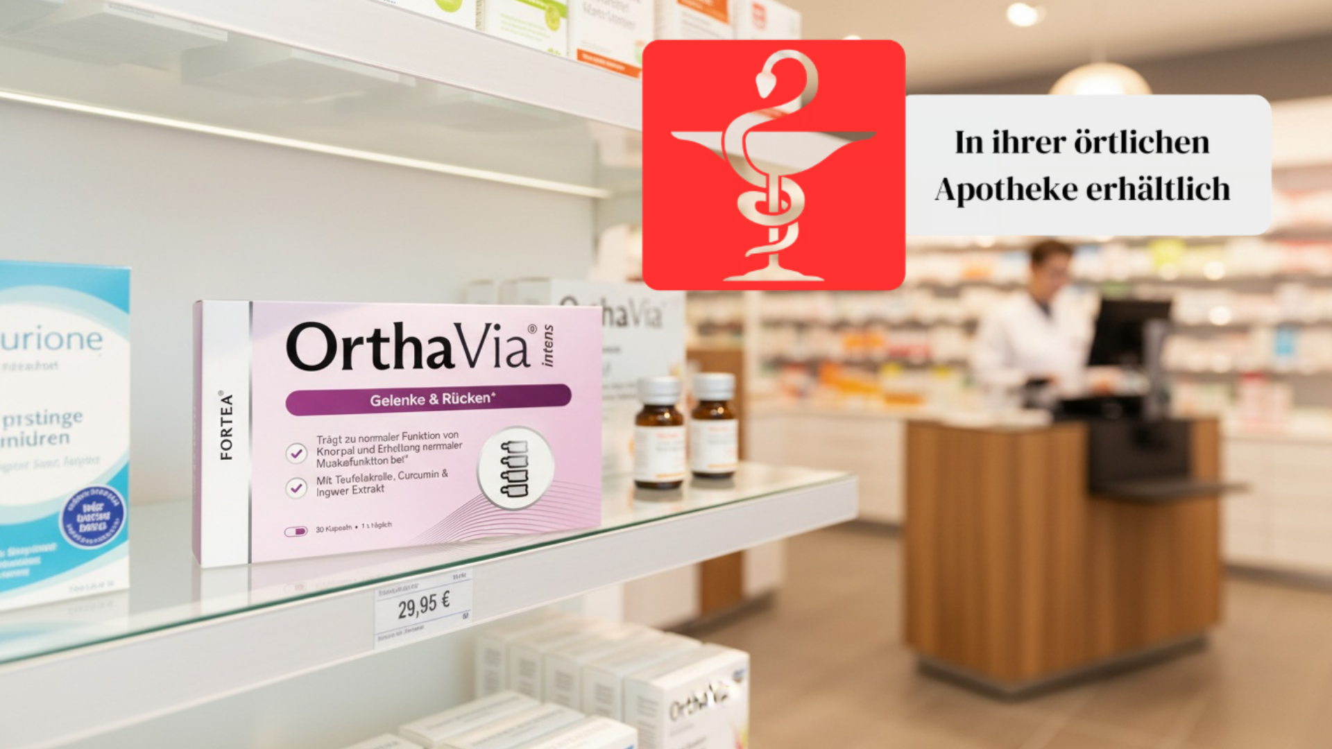 A box of OrthaVia intens for joints and back on a pharmacy shelf, with a pharmacist blurred background.