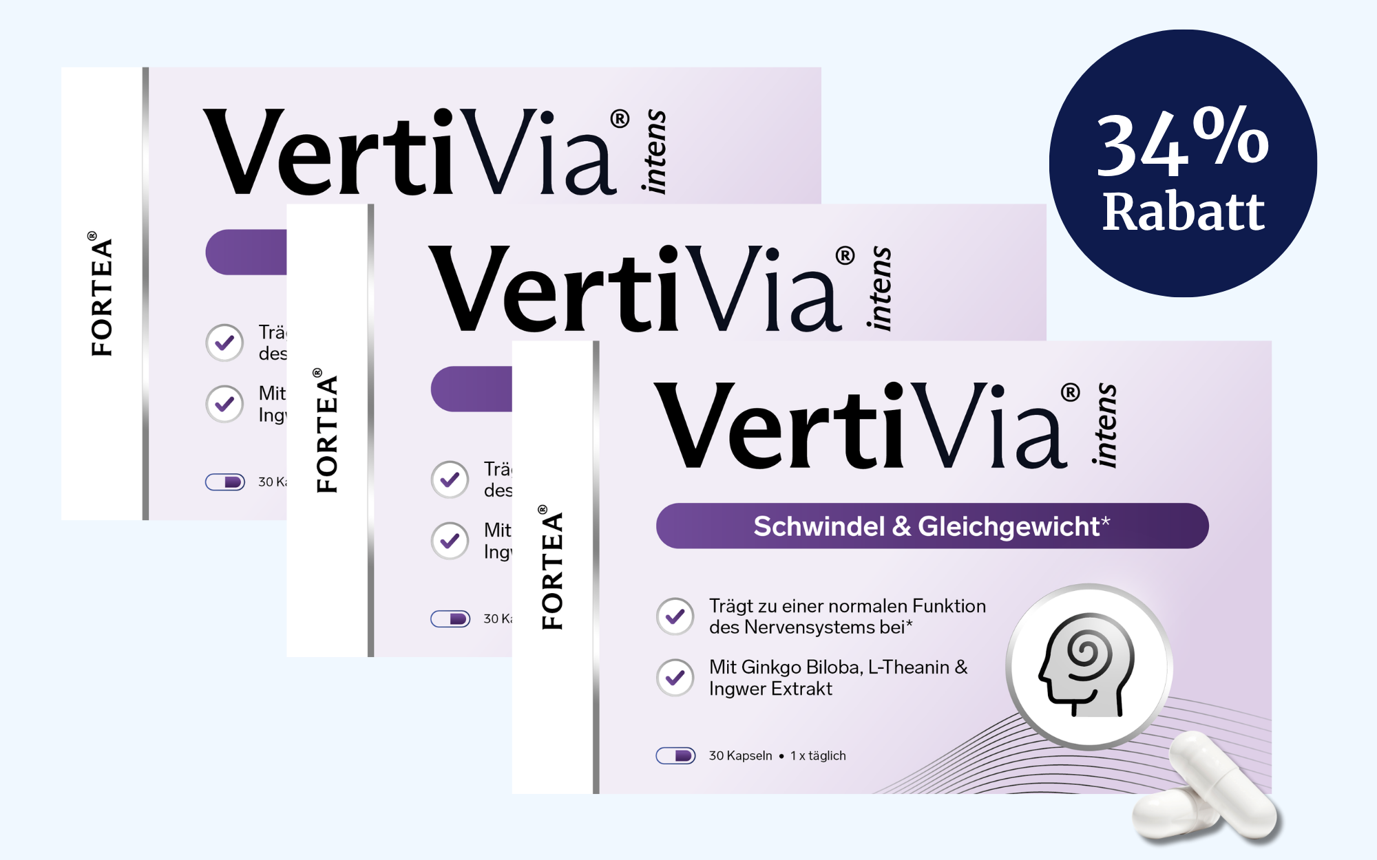 Three boxes of VertiVia supplements with a 34% discount label, and two white capsules shown.