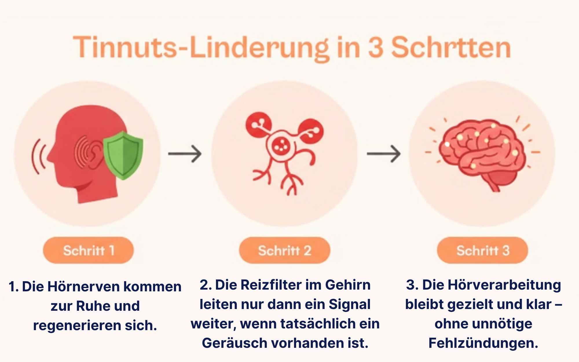 Illustrated steps for tinnitus relief with German text explaining each stage.