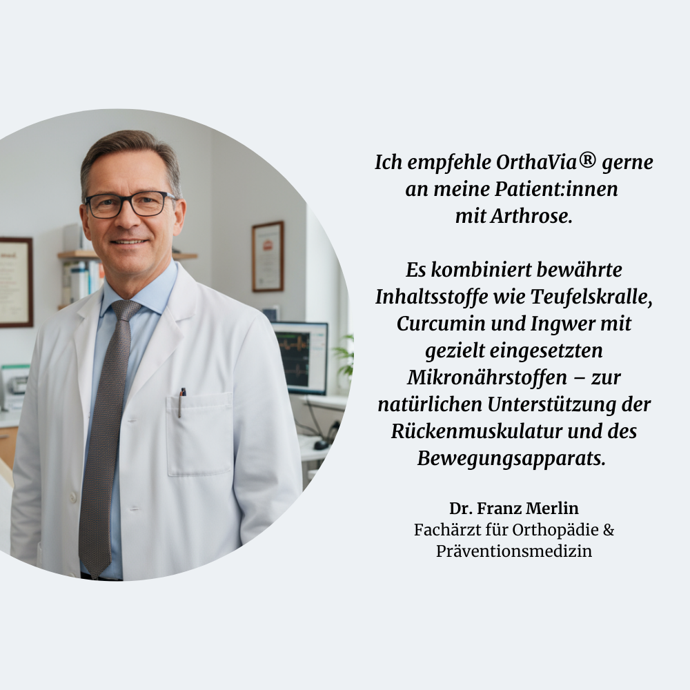 Doctor in white coat beside text in German recommending a product for joint health.