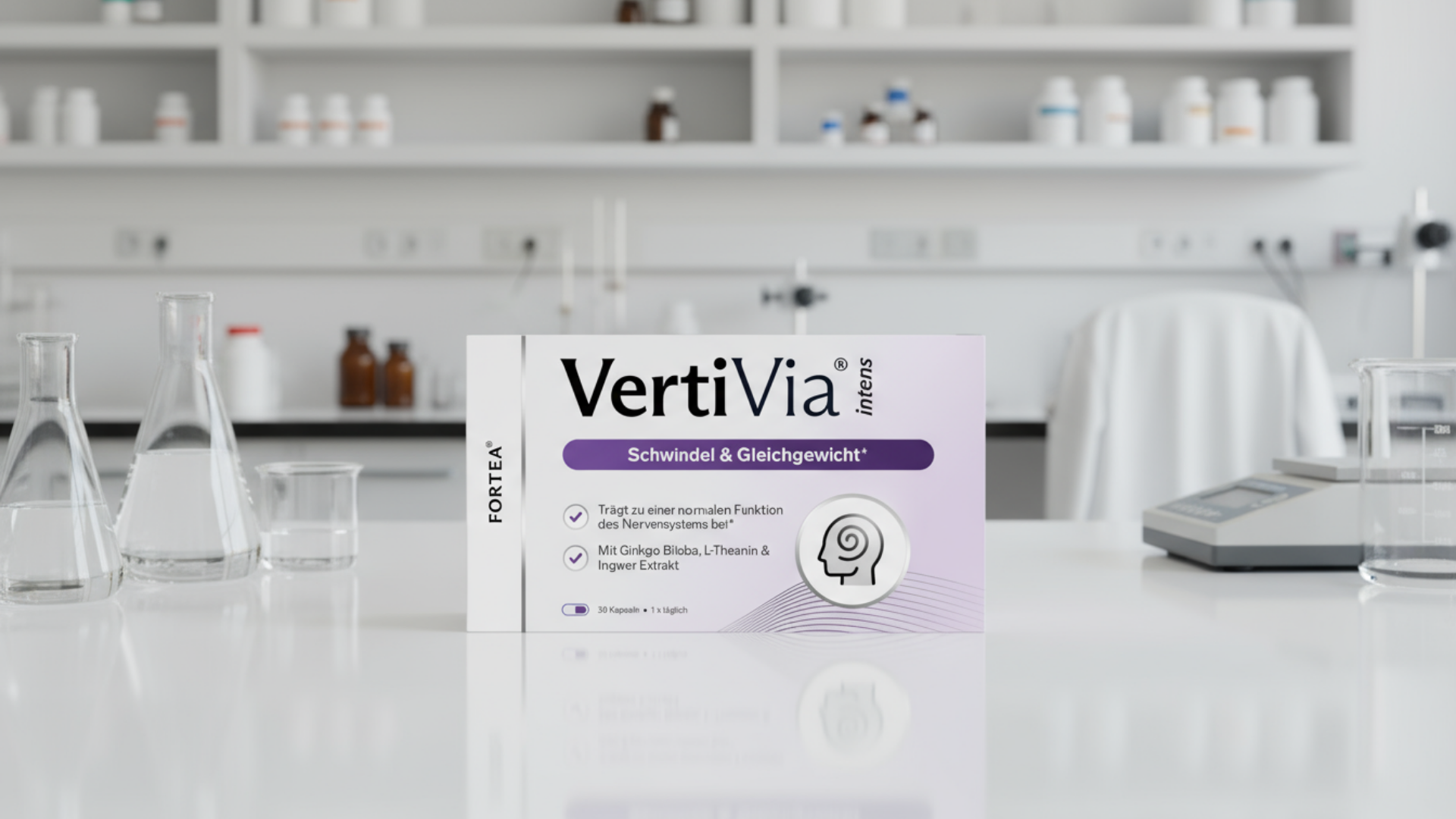 Box of VertiVia capsules on a laboratory counter.