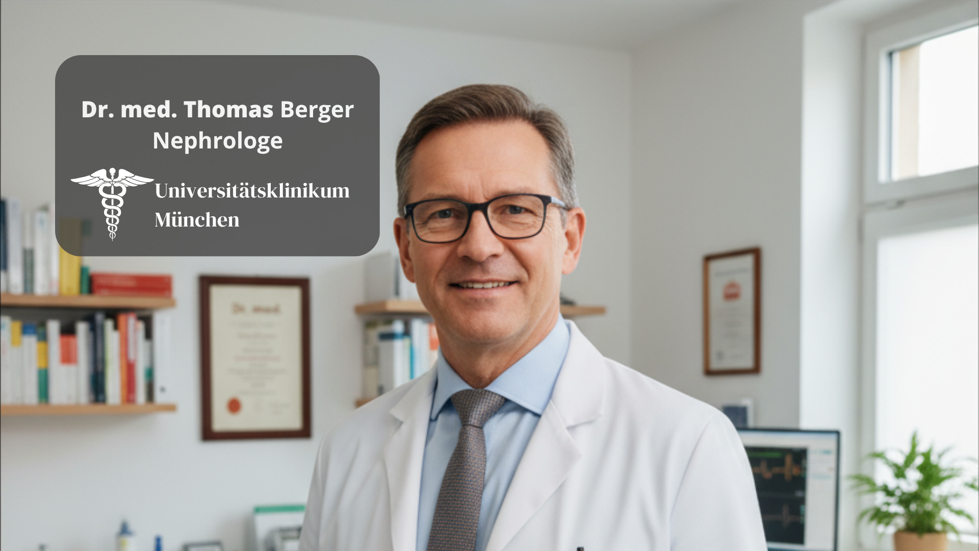 A smiling male doctor, Dr. med. Thomas Berger, standing in his office wearing a white coat.