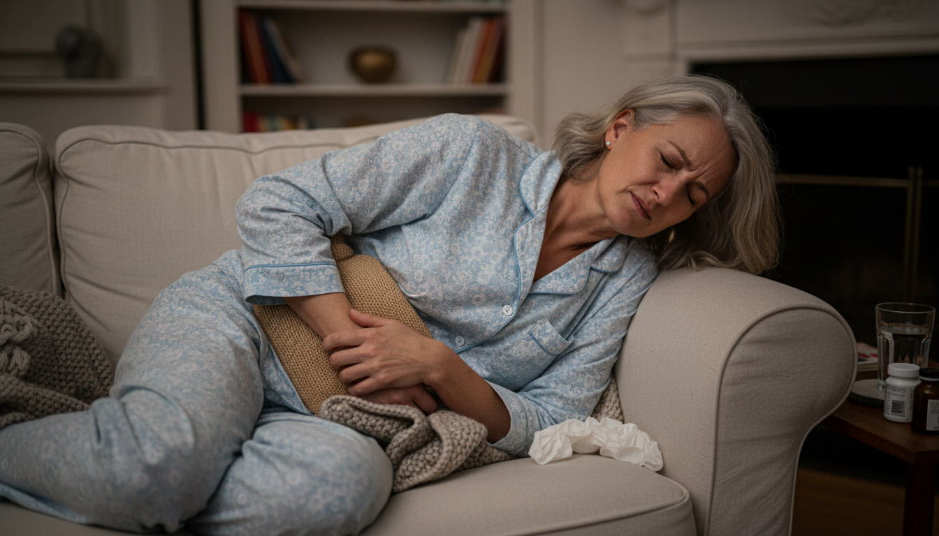 A woman in pajamas lies on a couch with a hot water bottle, her face contorted in pain.