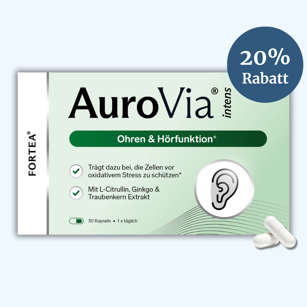 AuroVia hearing supplement packaging with ear icon and '20% Rabatt' badge.