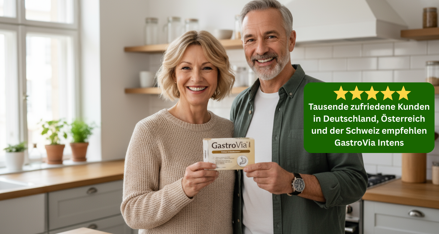 A smiling couple in a kitchen holds a box of GastroVia Intens digestive supplement.