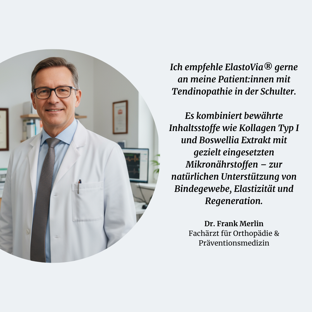 Man in white coat smiling beside text about ElastoVia ingredients.