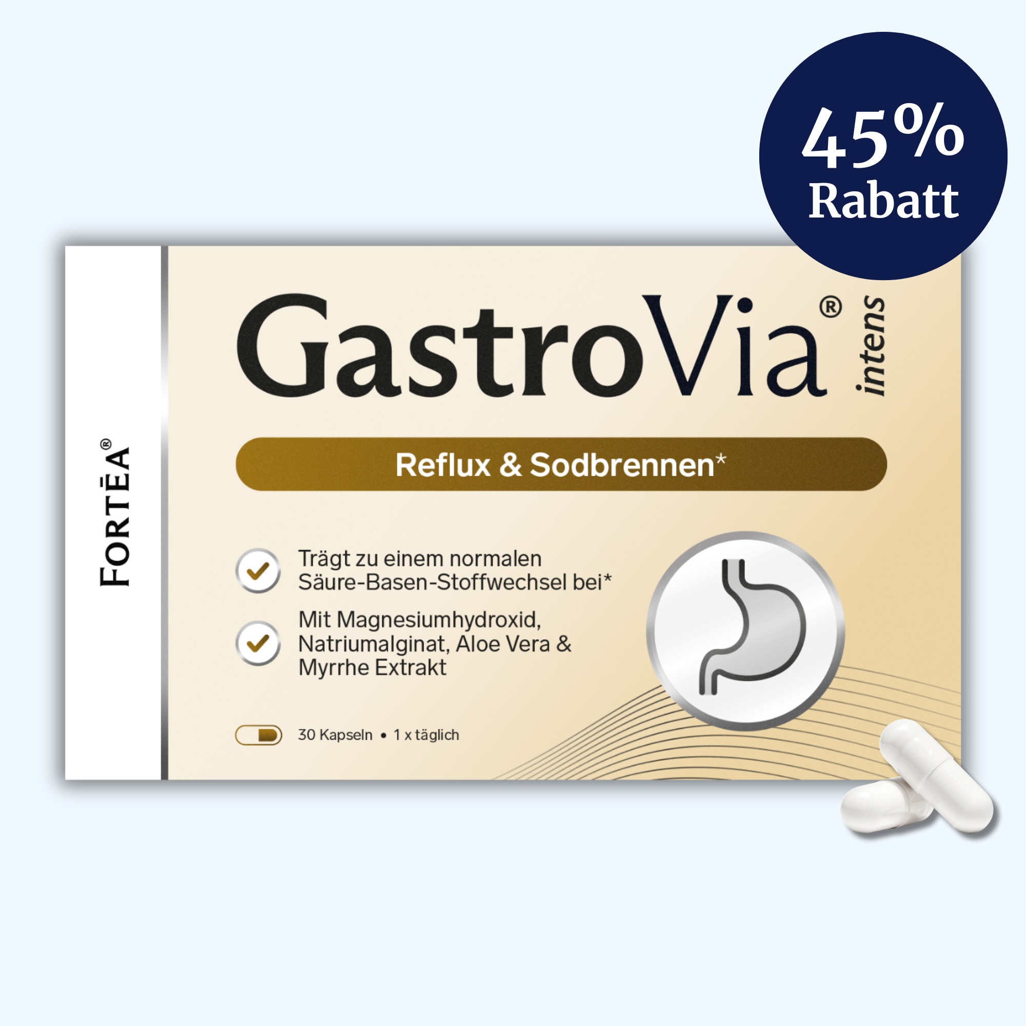 A box of GastroVia intens, a supplement for reflux and heartburn, with two white capsules next to it.