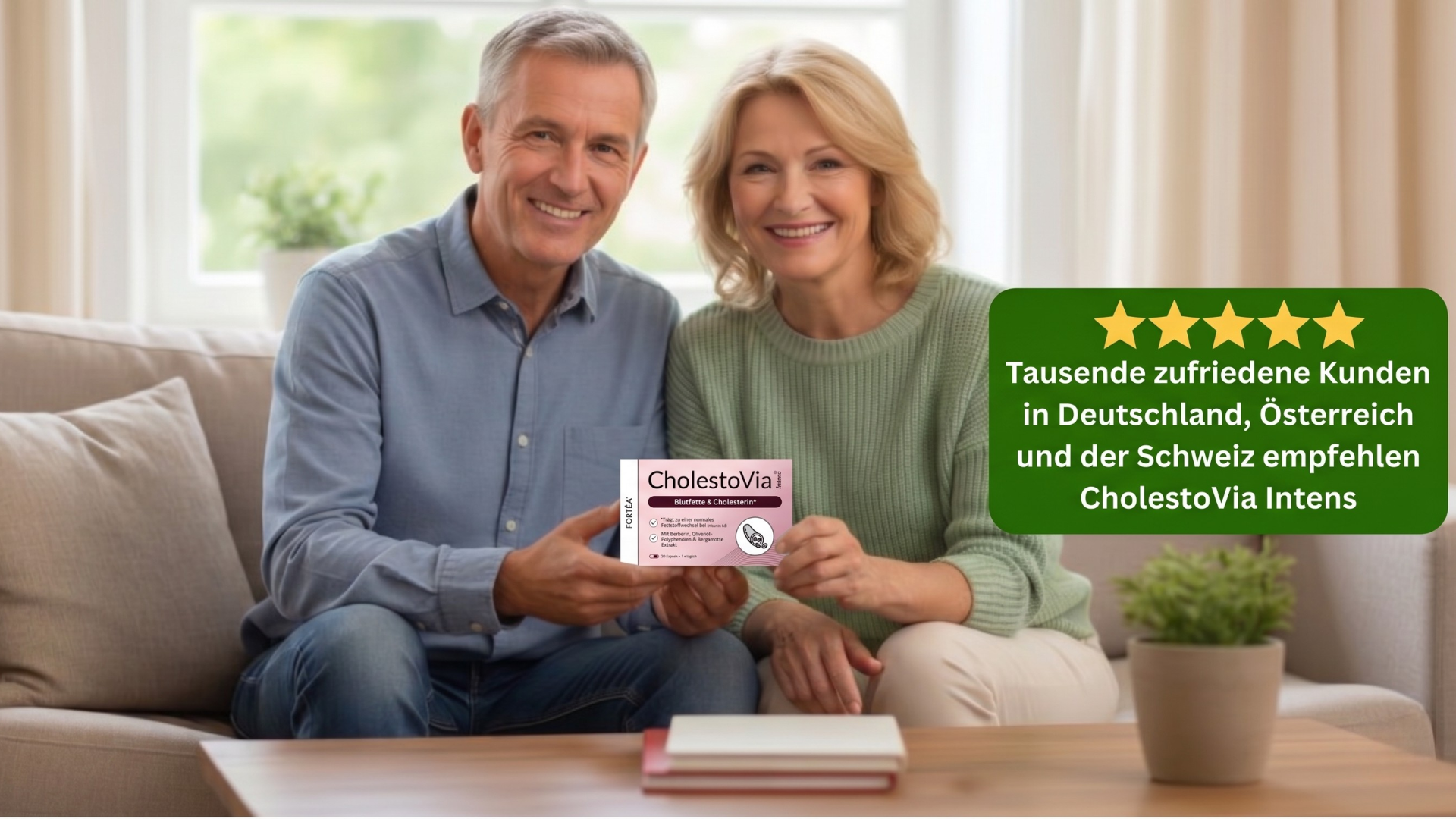 Smiling couple holding a product box, with a five-star rating and German text below.