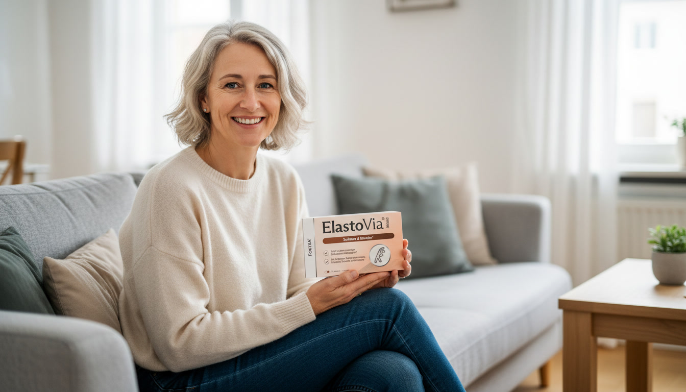 A smiling woman with grey hair sits on a couch in a living room holding a product box.