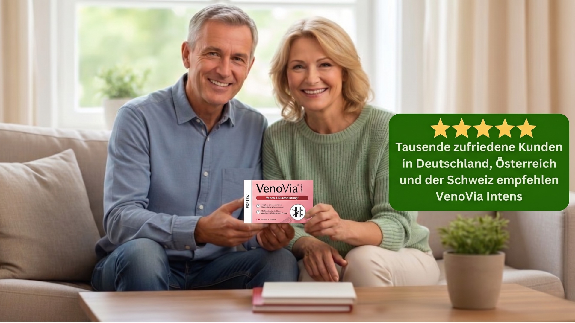 Smiling couple holding a product box, with a five-star rating and German text below.
