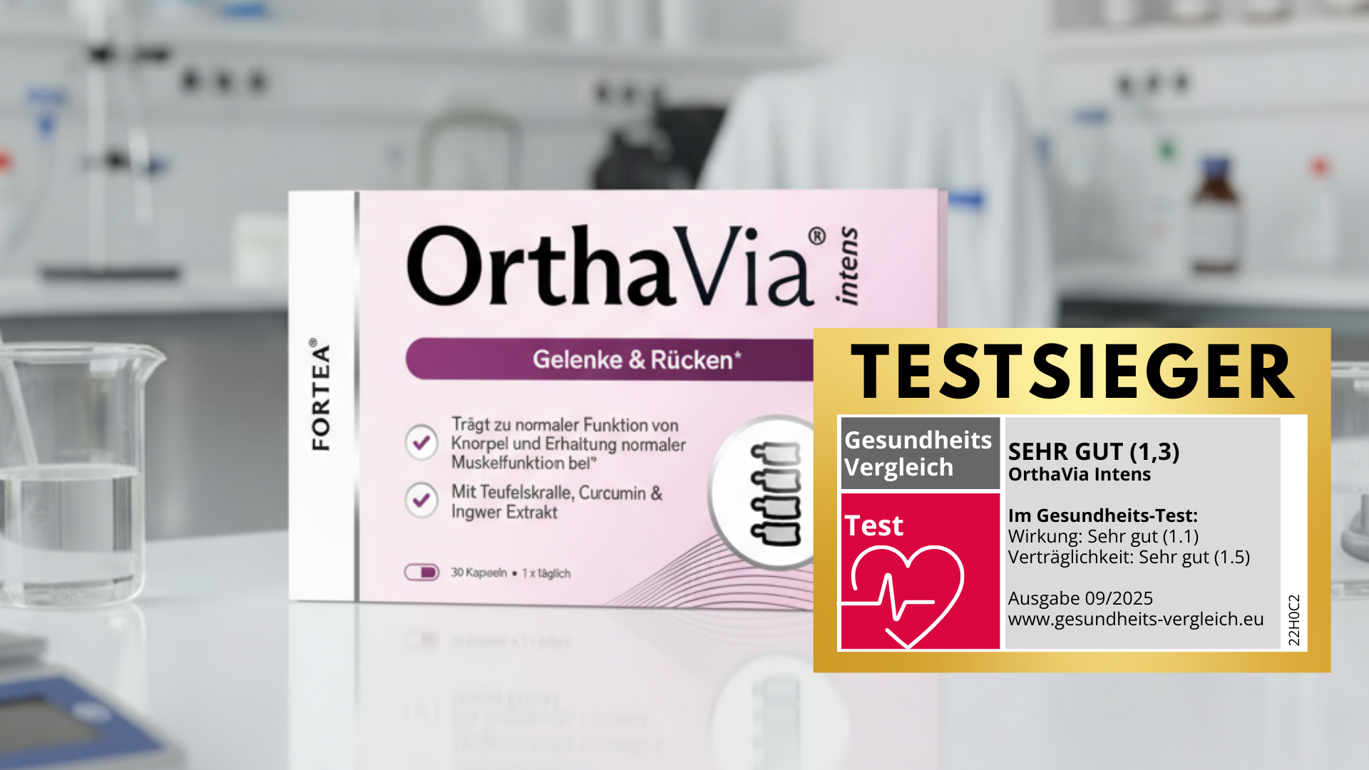 Box of OrthaVia Intens capsules with a 'Testsieger' award label in a lab setting.