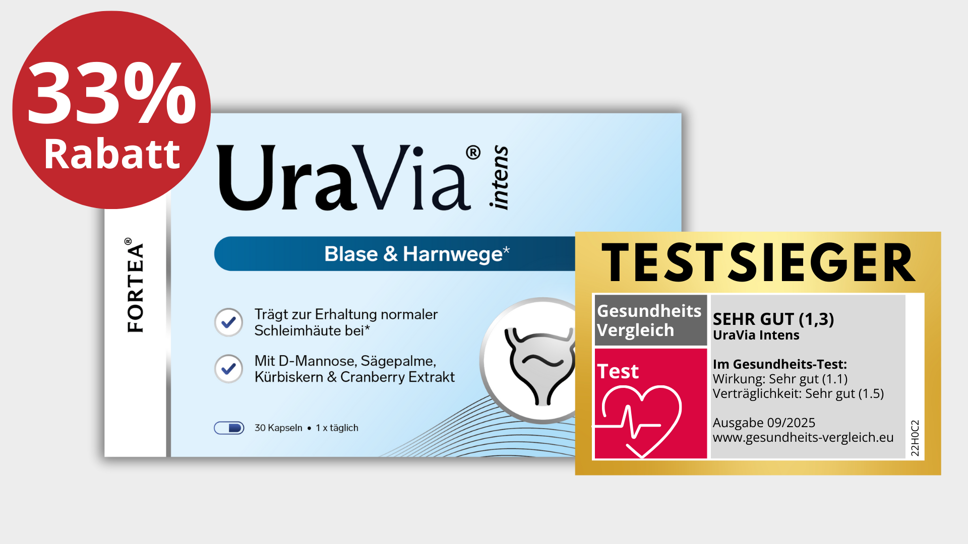 UraVia product advertisement with 33% discount and test winner label.