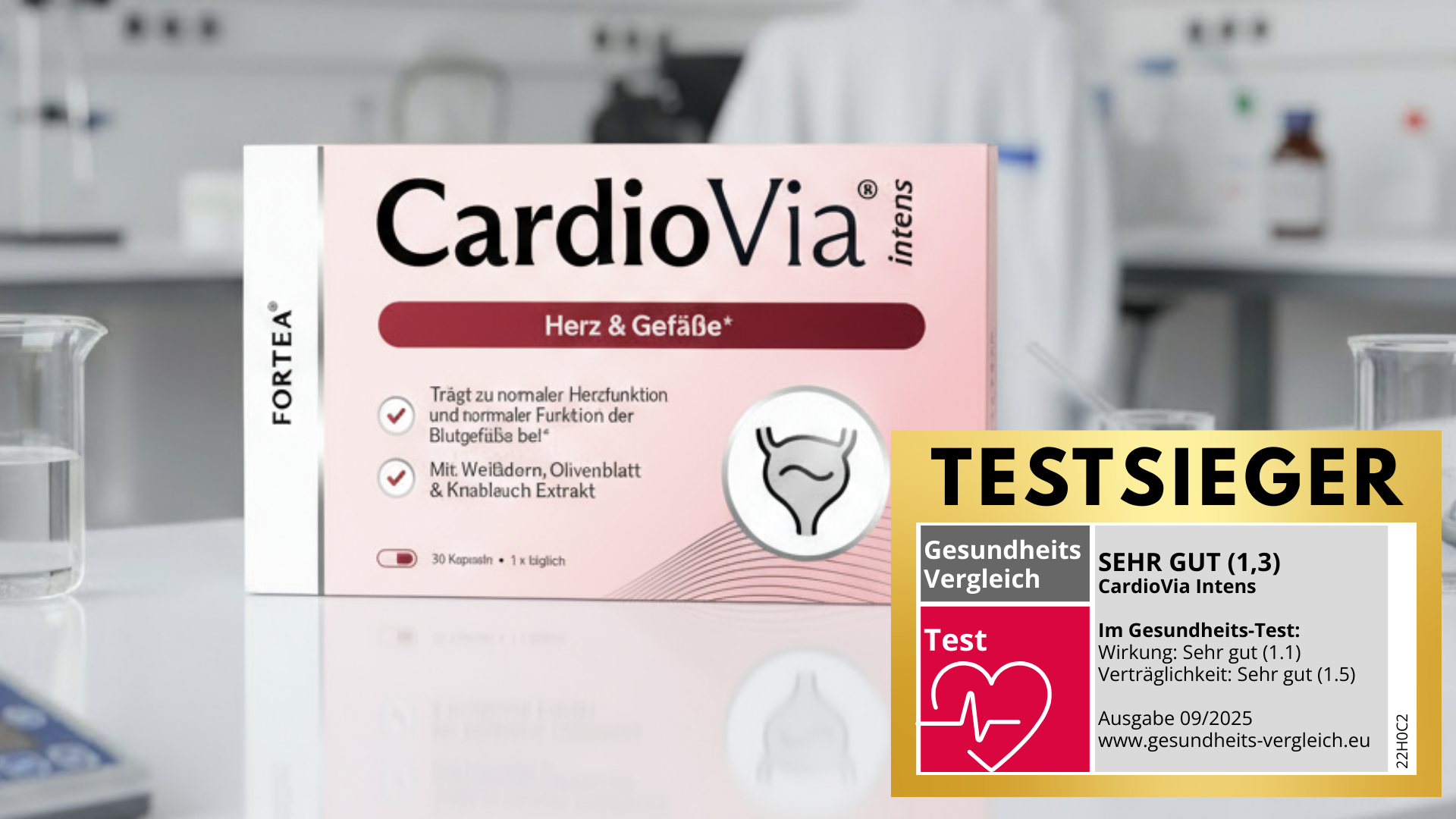CardioVia Intense supplement box with test results label on a laboratory table.