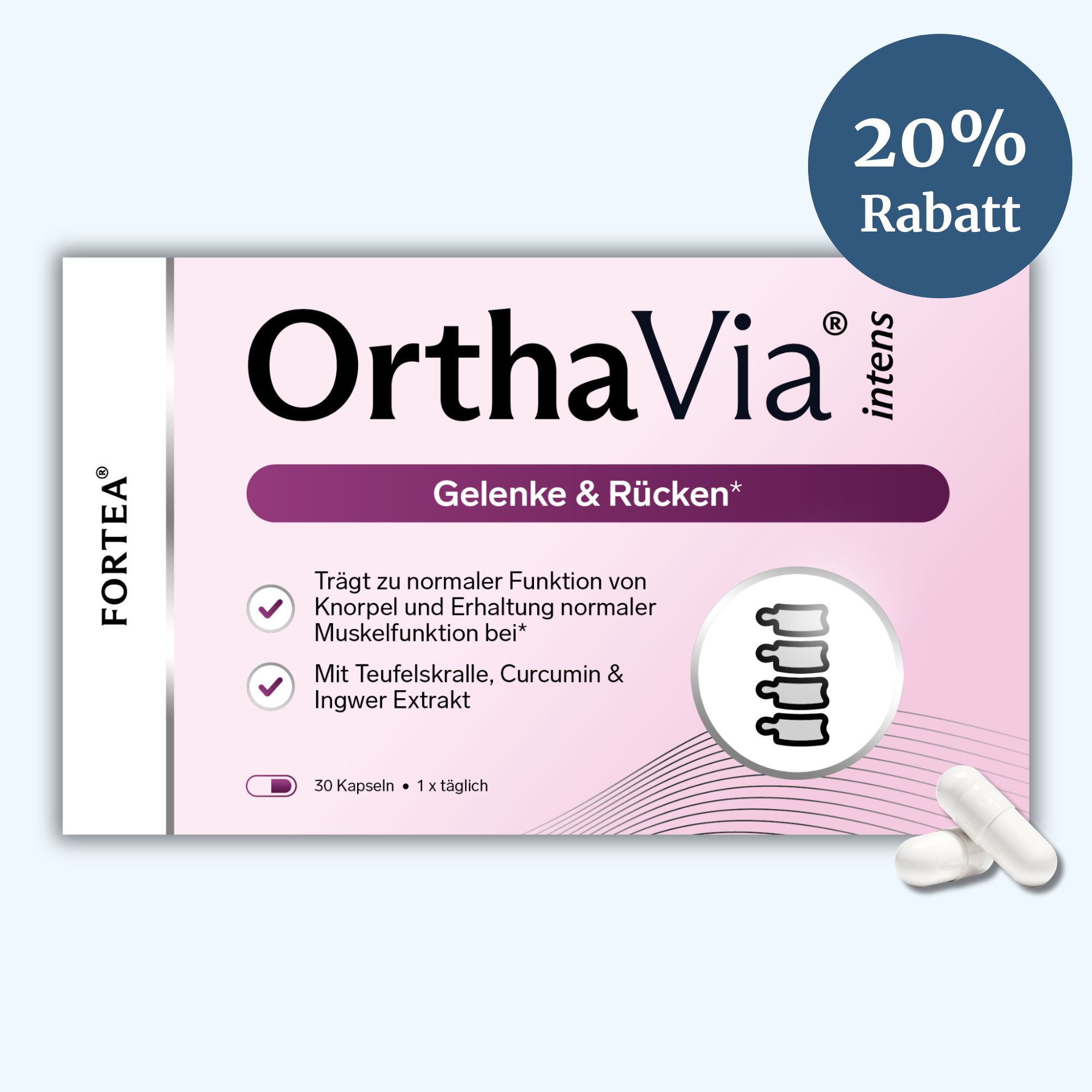 OrthaVia packaging with spine icon, capsules, and 20% discount label.