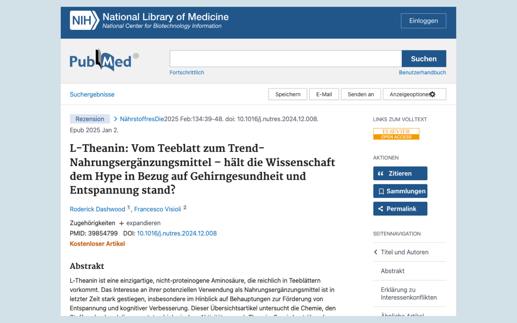Screenshot of a medical article about L-Theanine from the NIH PubMed website.