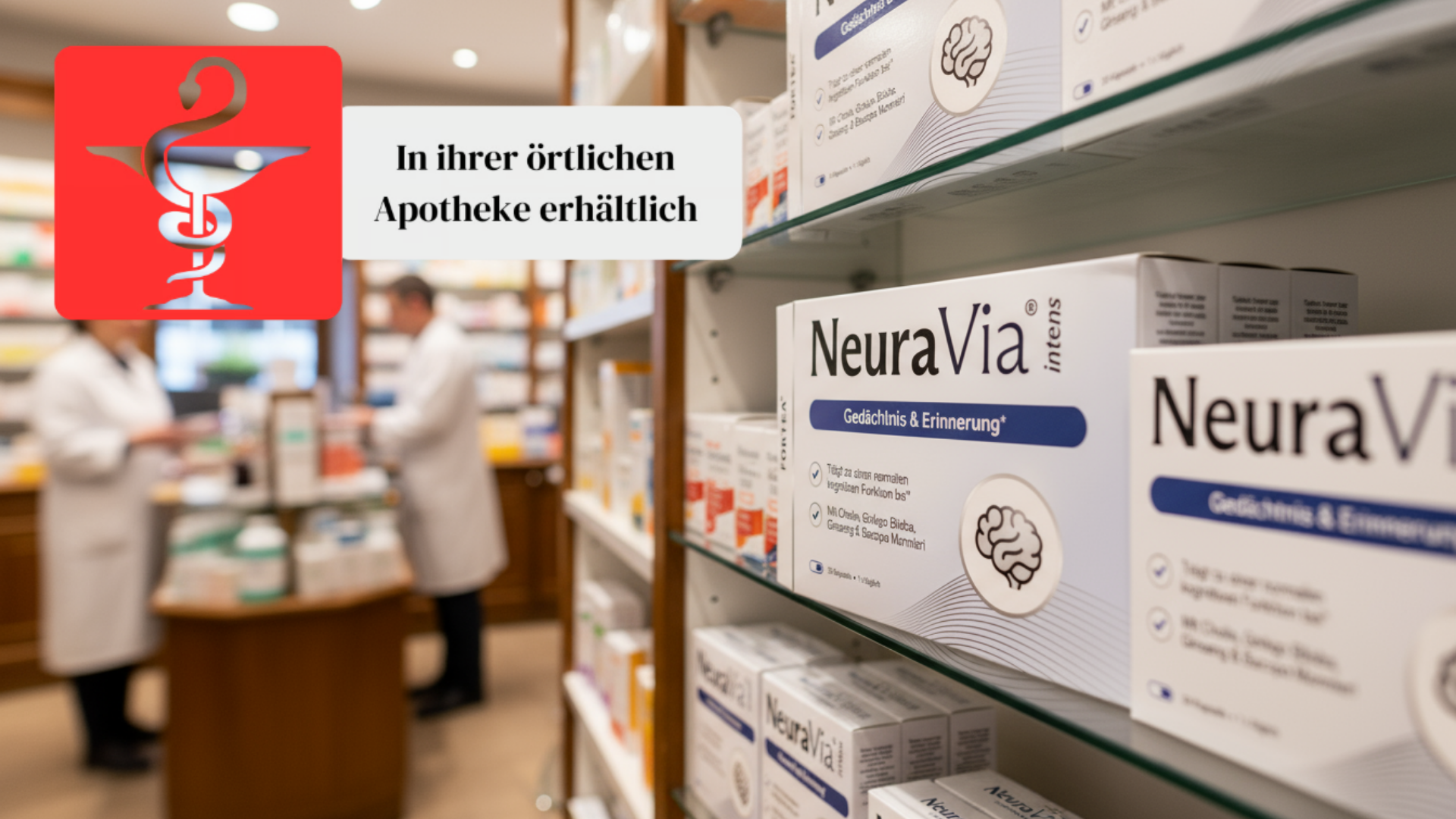 Medication boxes on pharmacy shelves with pharmacists in the background.