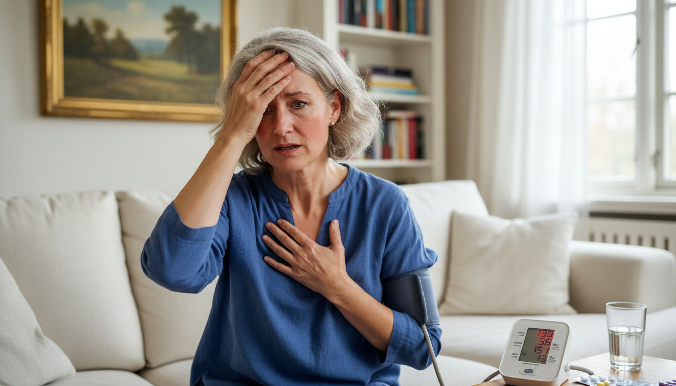 A distressed woman with a blood pressure cuff on her arm holds her hand to her head.