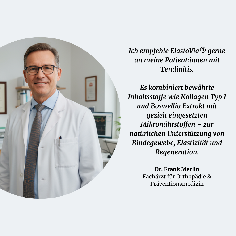 Smiling doctor in a lab coat with a computer in the background, accompanied by German text.