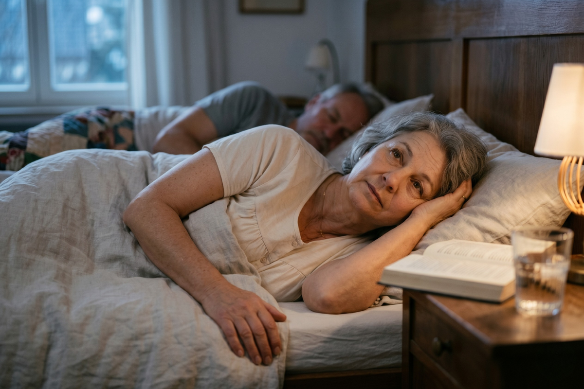 A distressed woman in pajamas sits up in bed, holding her head with both hands.