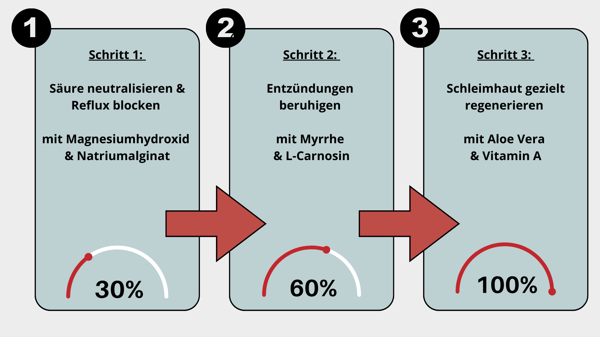 Three steps to relieve reflux using different ingredients, with progress percentages and arrows.