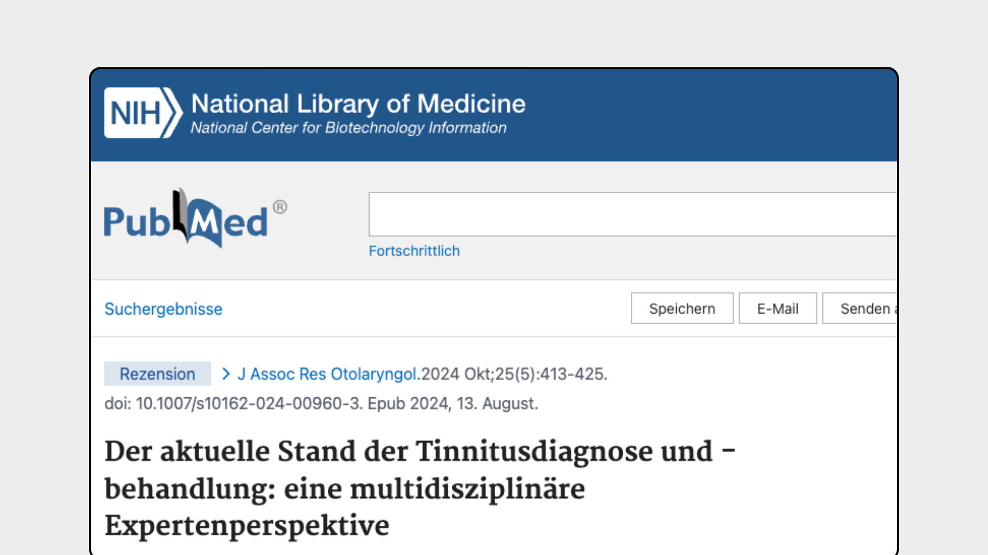 Screenshot of a PubMed webpage showing a German article on tinnitus diagnosis and treatment.