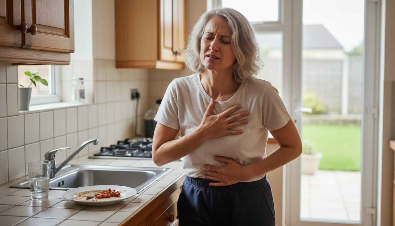 A woman with gray hair stands in a kitchen, holding her chest and stomach in apparent pain.