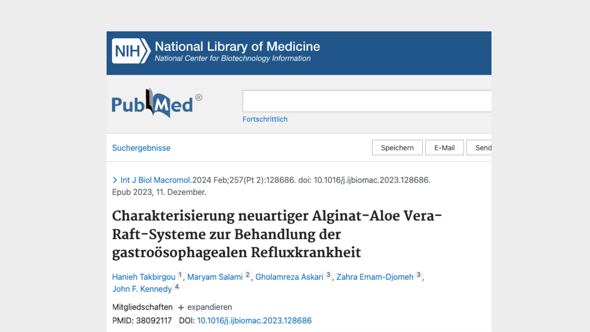 NIH PubMed search page showing a German article listing.