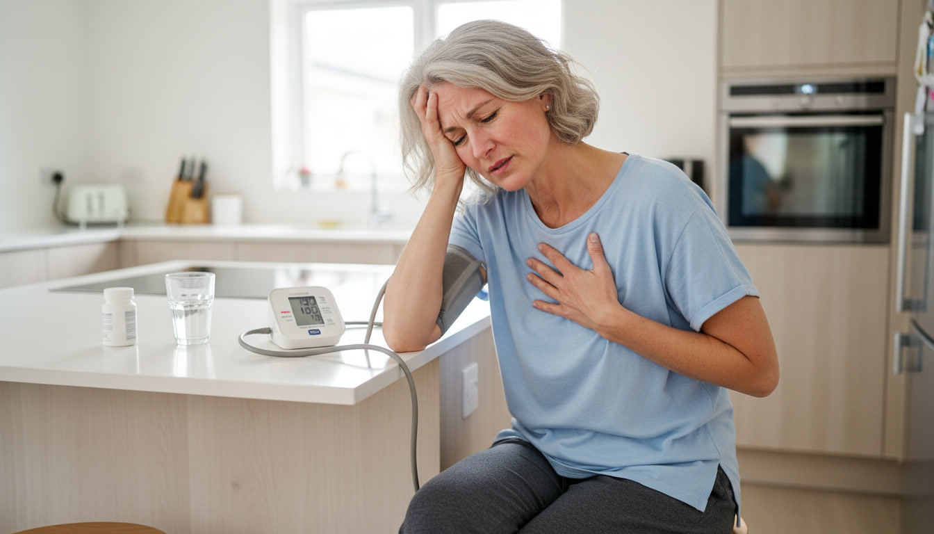 An older woman with grey hair looks unwell while checking her blood pressure at a kitchen counter.