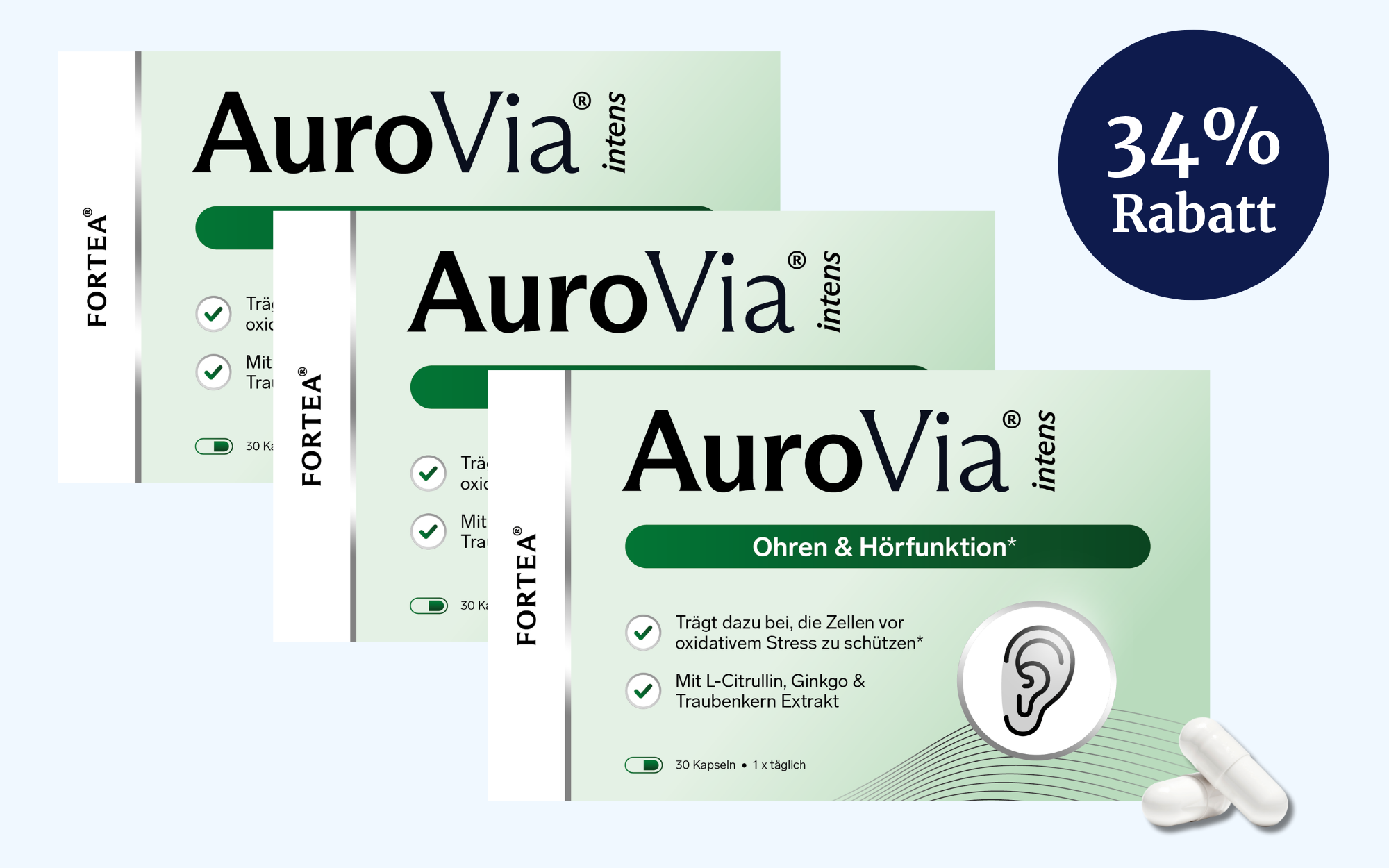 Three boxes of AuroVia with a 34% discount label.