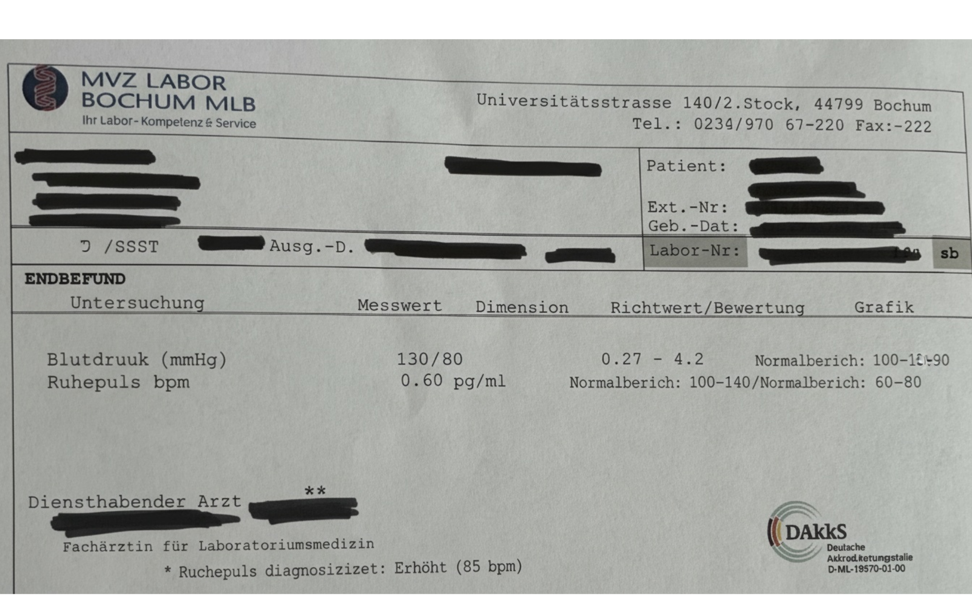 Medical document showing blood pressure and pulse measurements with personal details redacted.