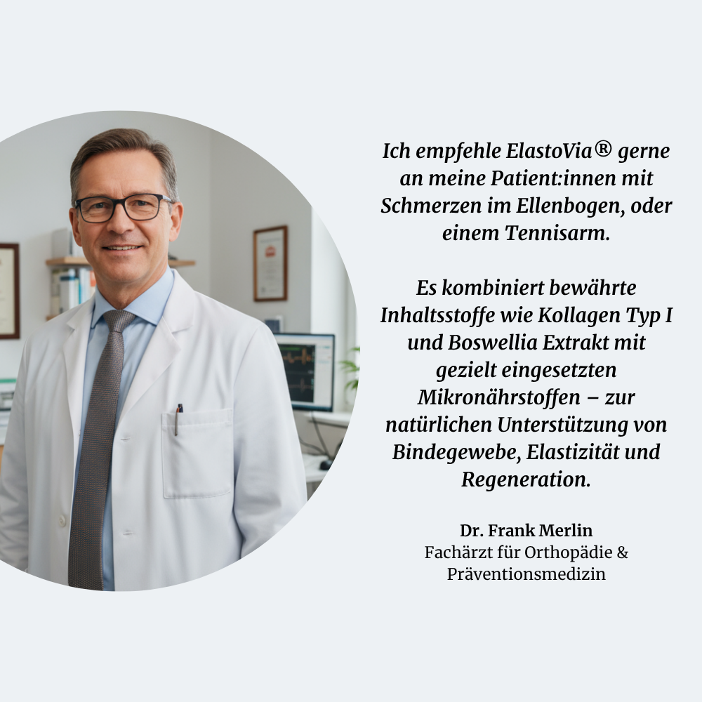 Smiling man in a white coat stands beside text in German about ElastoVia.