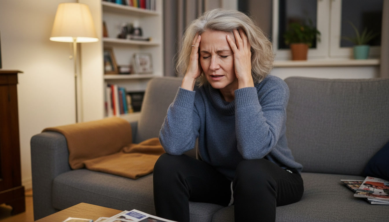 A woman with gray hair sits on a sofa with her hands on her head, looking distressed.