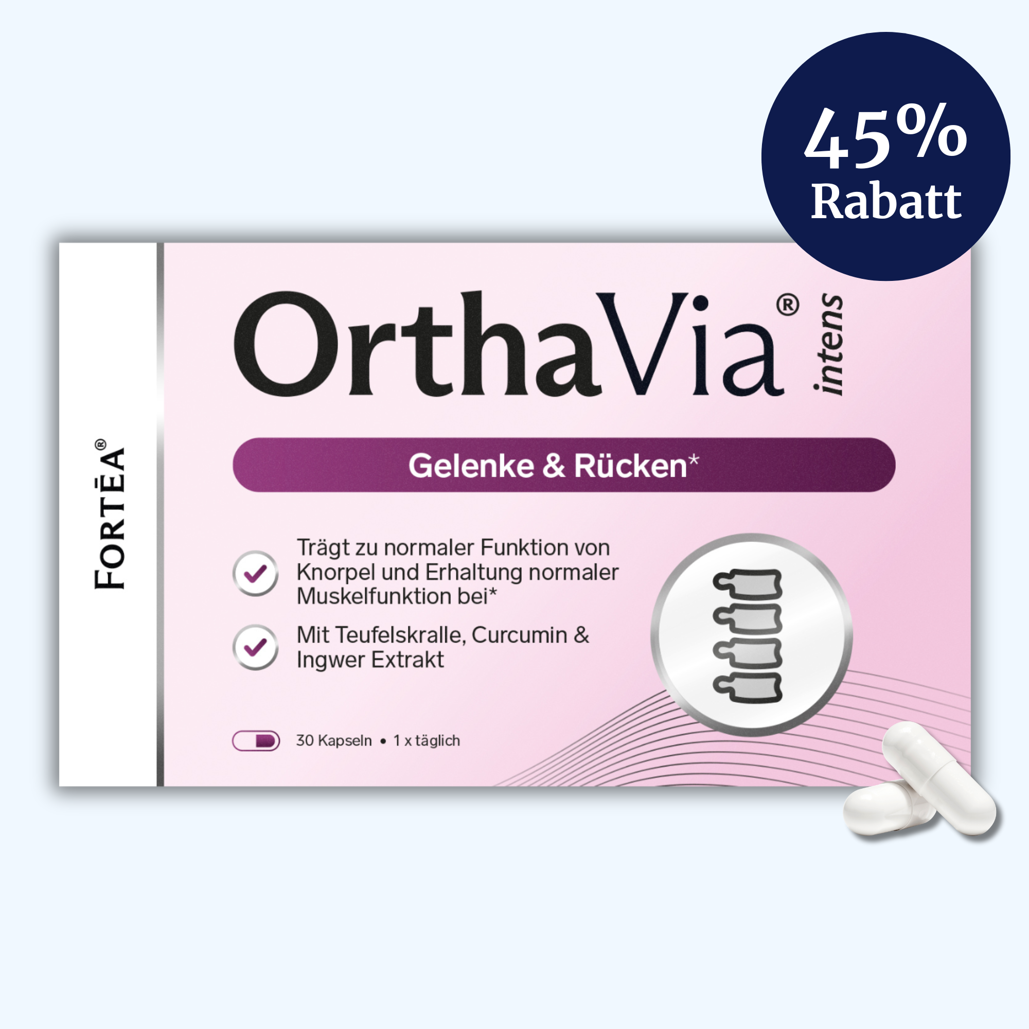 A box of OrthaVia intens joint and back supplement capsules, with a 45% discount badge.