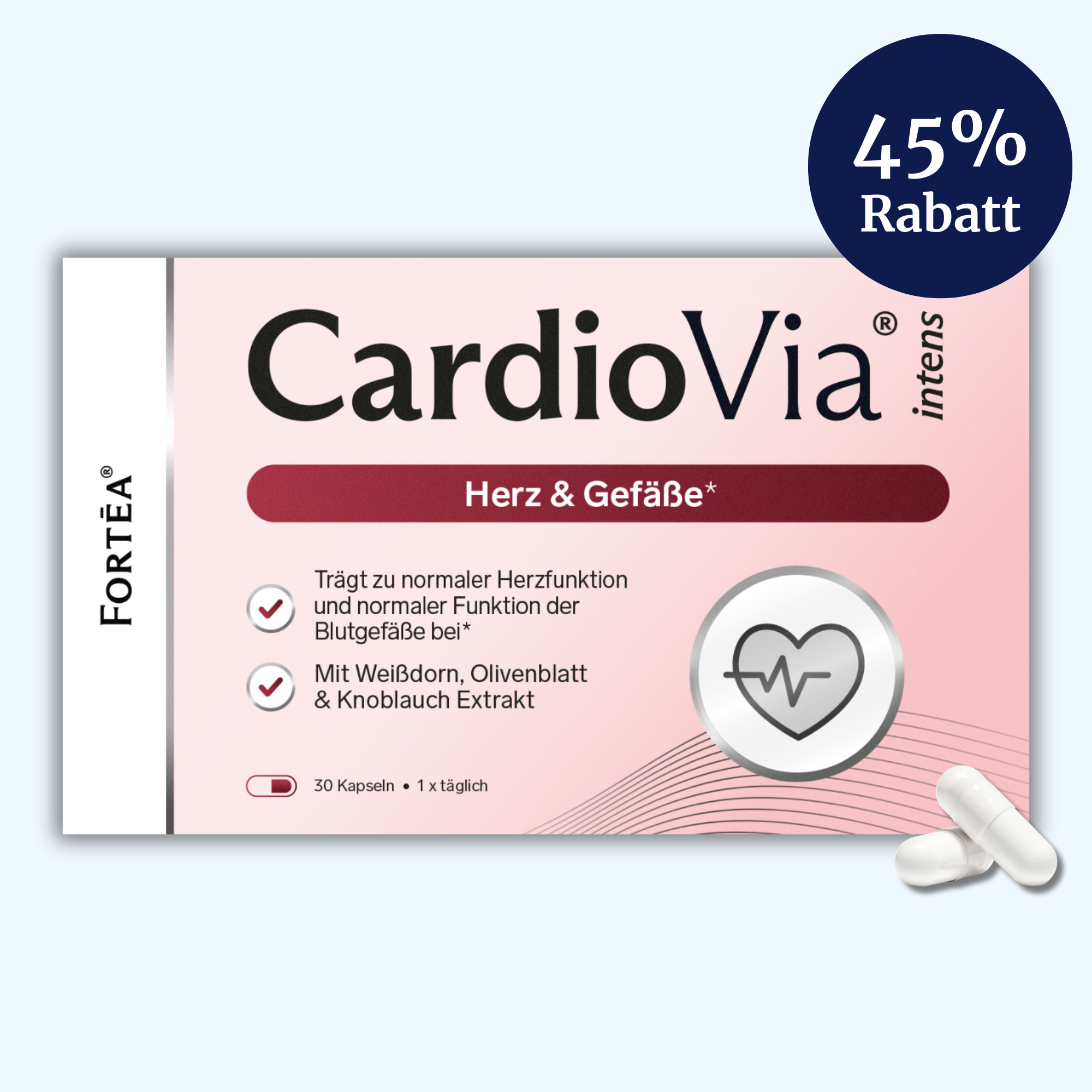 A box of CardioVia intens supplements with two white capsules and a 45% Rabatt circle.