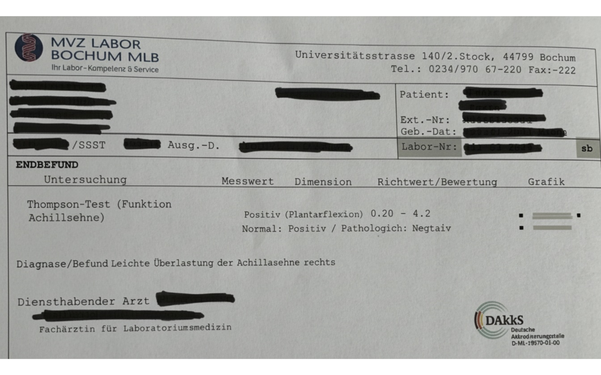 Medical report with text, logo, and blacked-out personal information.